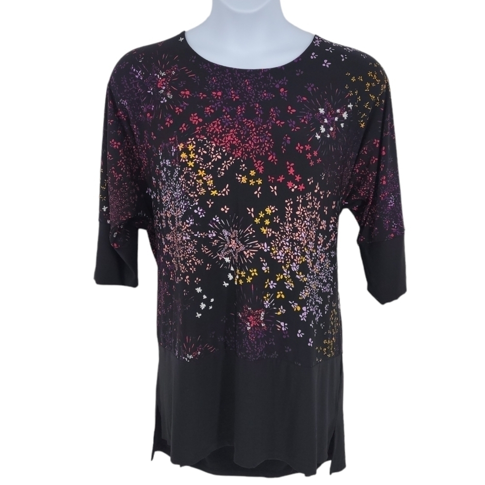 Woman Within Black Floral Stretchy Tunic With 3/4 Zip Sleeves‎ Size 24